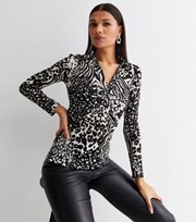 New Look Black Animal Print Jersey Ruched Collared Top